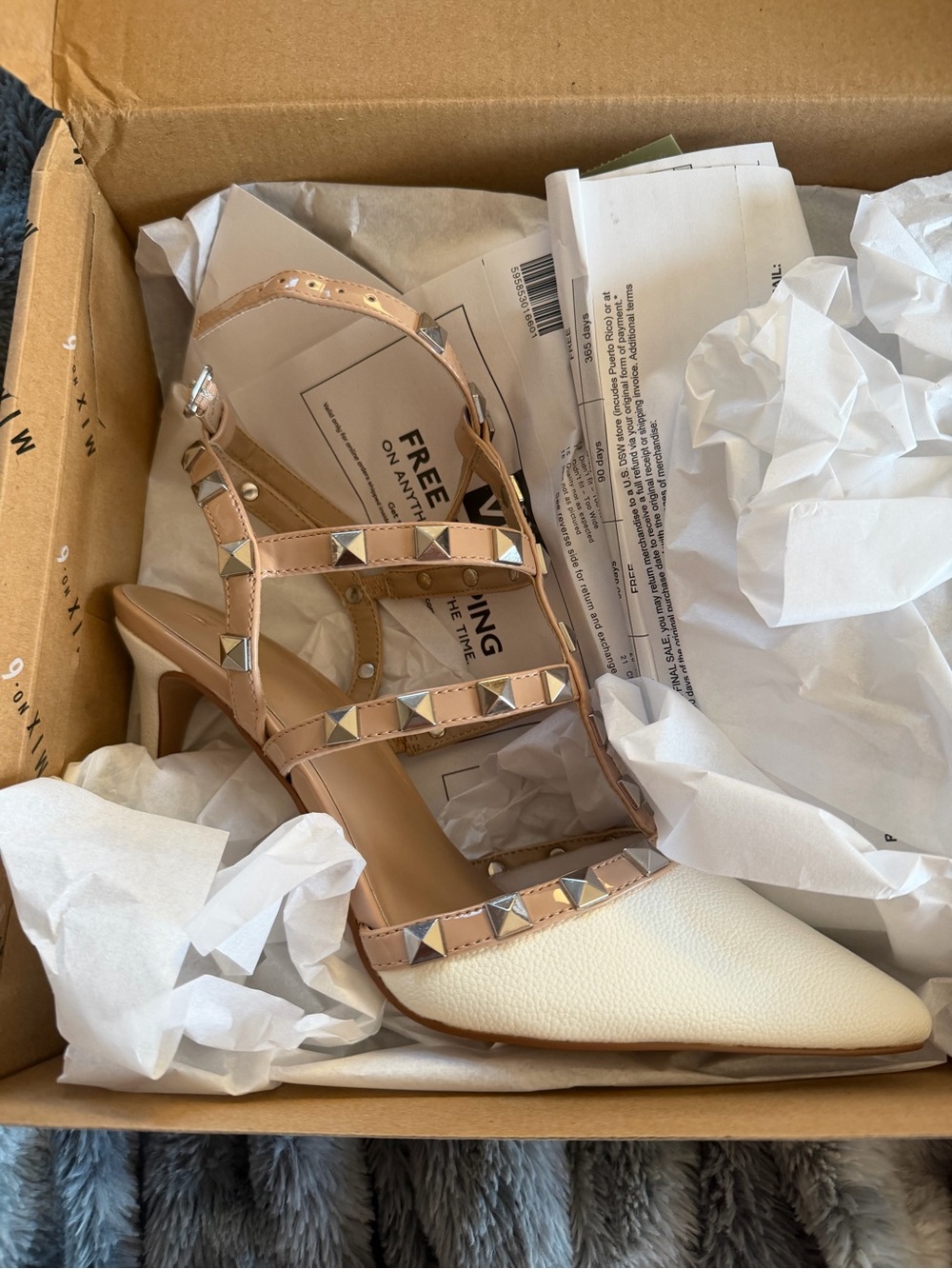 Mix No. 6 Studded Pointed T-Strap Heels in Beige and White-Size 8